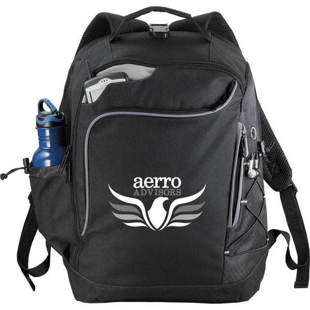 A black computer backpack with a logo, featuring a water bottle pocket and various compartments.