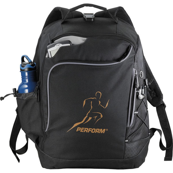 A black computer backpack with a water bottle pocket, featuring a logo and multiple compartments for organisation.