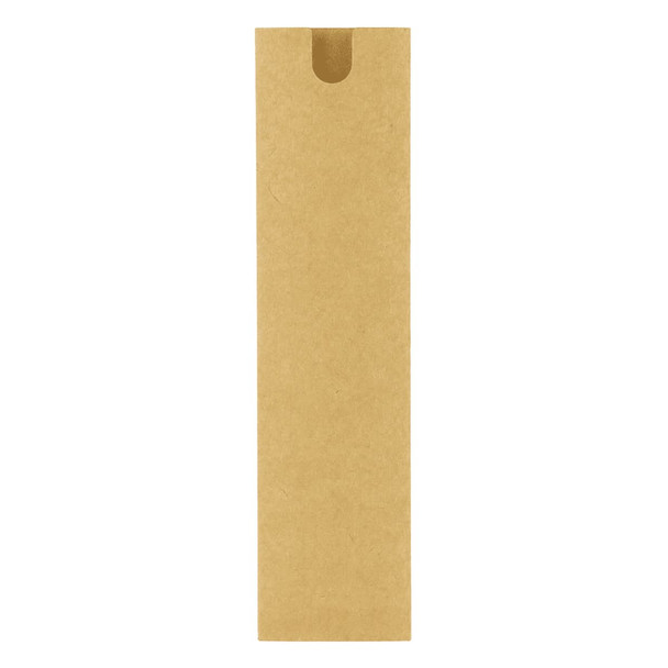 A brown cardboard packaging sleeve with a cut-out at the top, designed to hold a pen or similar item.