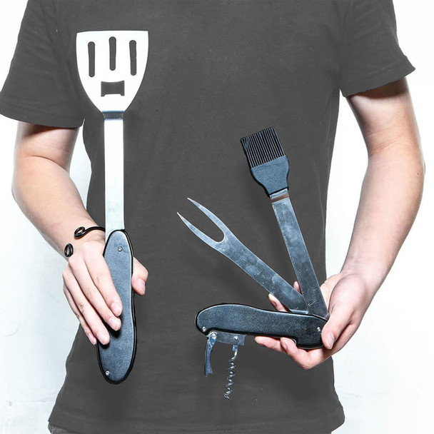A person holding a sleek BBQ multi-tool with silver utensils, including a spatula, fork, brush, and corkscrew.