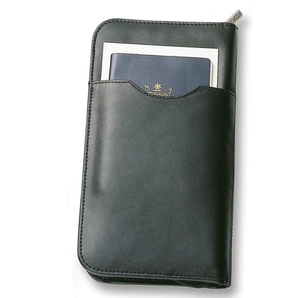 A leather travel wallet in dark green, featuring a pocket for a passport and a branded logo.