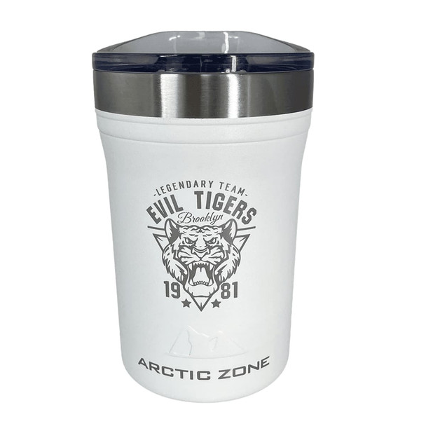 A drink bottle in white with a silver lid and a logo featuring a tiger and text. It is a 2-in-1 cooler.