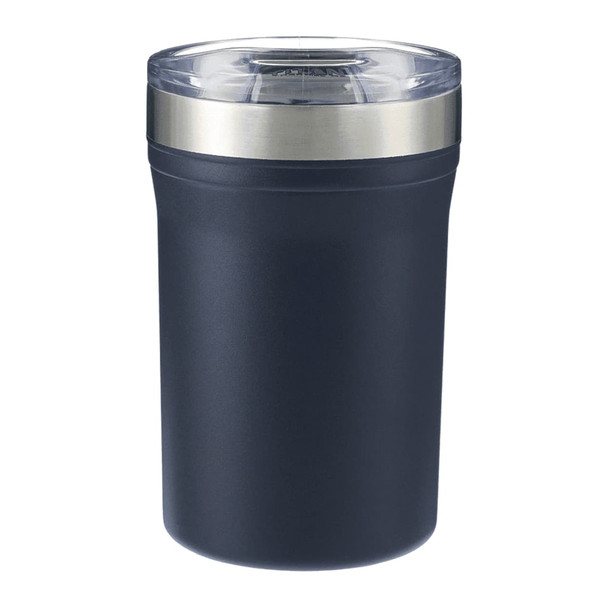 A drink bottle in dark grey with a stainless steel lid and a clear top. Features a logo.