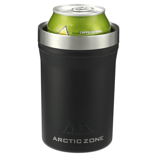 A drink bottle in matte black with a metallic rim, holding a can inside. It features a logo.