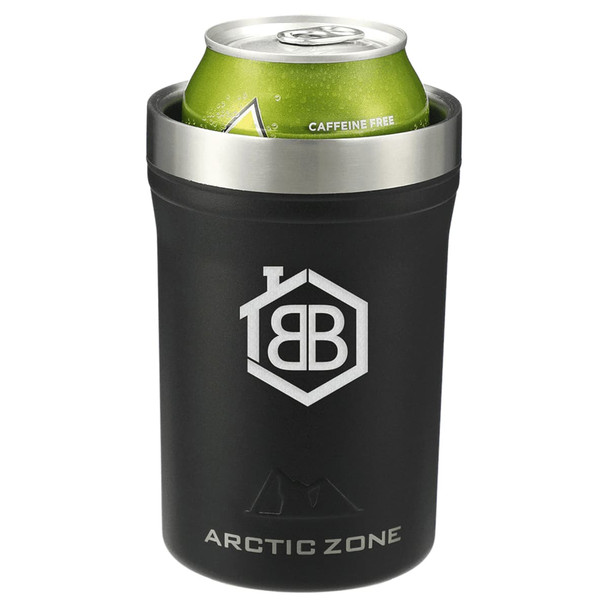 A drink bottle in black with a stainless steel rim, featuring a logo and holding a can inside.