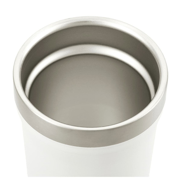 A drink bottle with a white exterior and stainless steel interior, featuring a simple design and a branding logo.