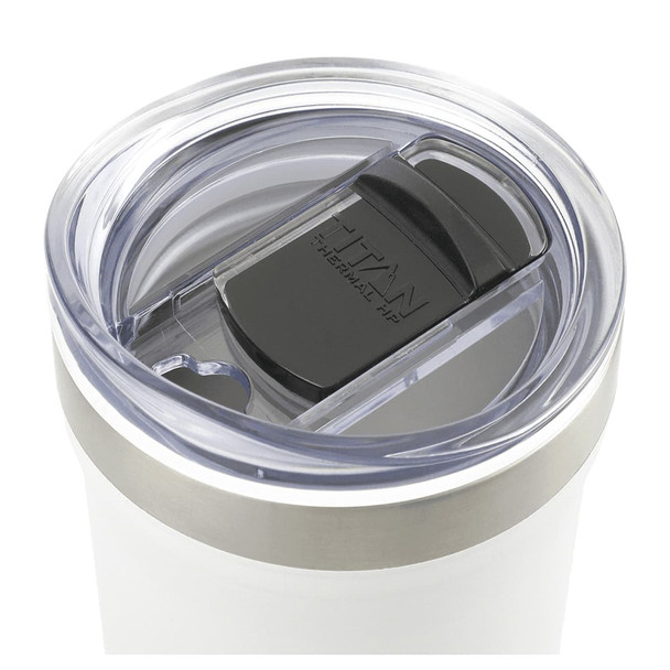 A drink bottle with a clear lid, stainless steel band, and a sleek white body. It features a brand logo on the lid.