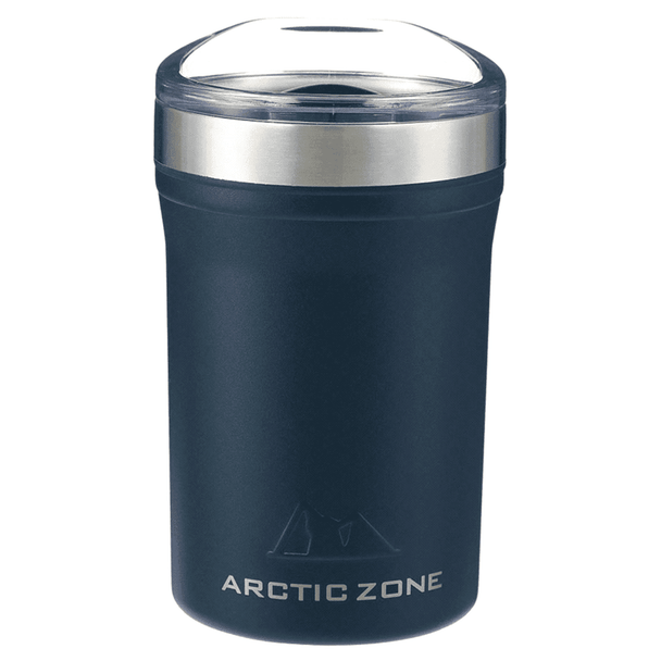 A drink bottle in navy blue with a stainless steel band and a clear lid. It features a logo on the front.