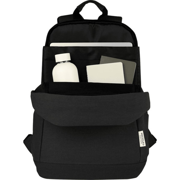 A black laptop backpack with a front pocket, a drink bottle, and notebooks visible inside. Features a branding logo.