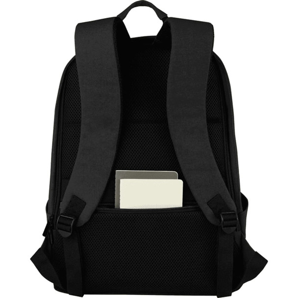A black anti-theft laptop backpack featuring padded shoulder straps and a pocket for documents.