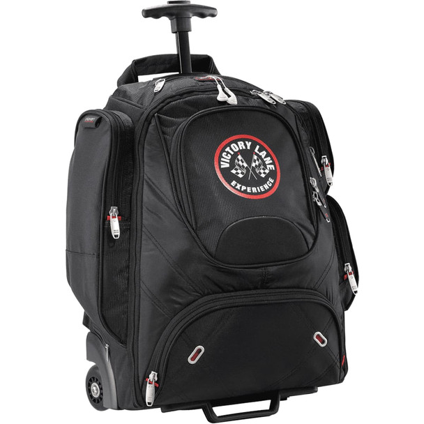 A black wheeled backpack with multiple compartments and a retractable handle, featuring a round logo on the front.