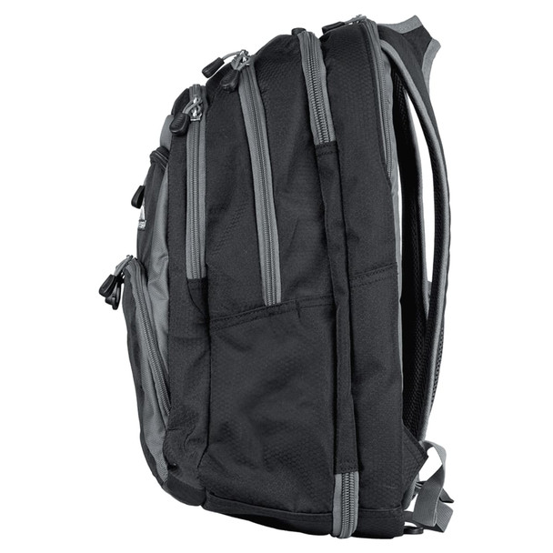 A black and grey backpack with multiple zippered compartments and padded straps, featuring a logo.