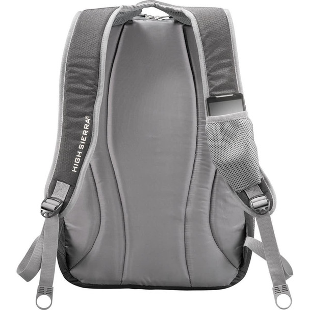 A grey backpack with padded straps and a side pocket, featuring a logo on the side.