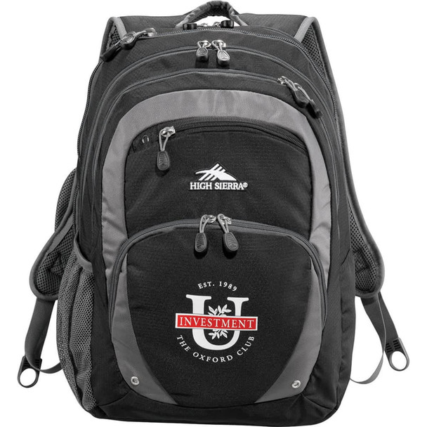 A black and grey backpack featuring multiple compartments and a logo on the front.