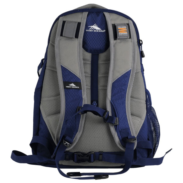 A navy and grey High Sierra Access 17 46L computer backpack with padded straps and mesh side pockets.