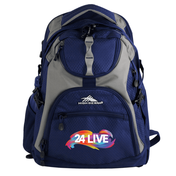 A blue and grey High Sierra Access 17" 46L computer backpack featuring a logo and a vibrant design.