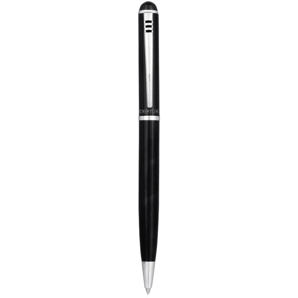 A black pen with a silver accent and a small logo on its body.