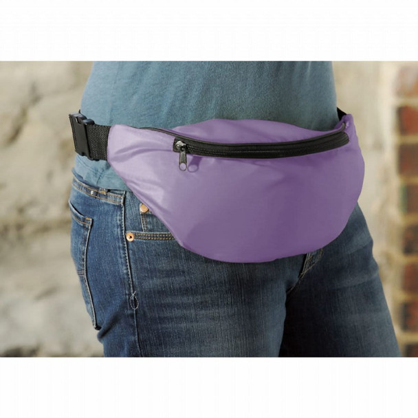 A purple hipster budget fanny pack with a zippered pocket, worn around the waist over denim jeans.