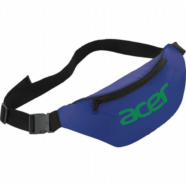 A blue fanny pack with a black strap, featuring a logo on the front and a zippered pocket.