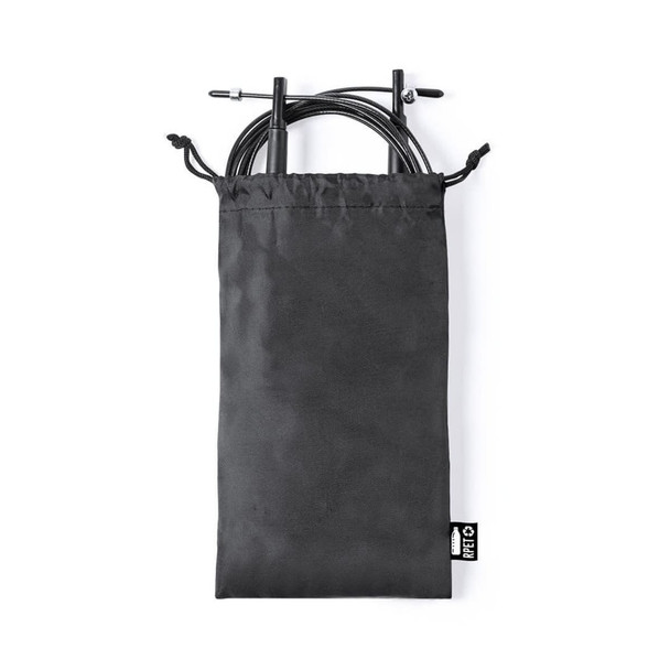 A storage pouch in black with a drawstring closure, containing a coiled wire inside. It features a logo tag.