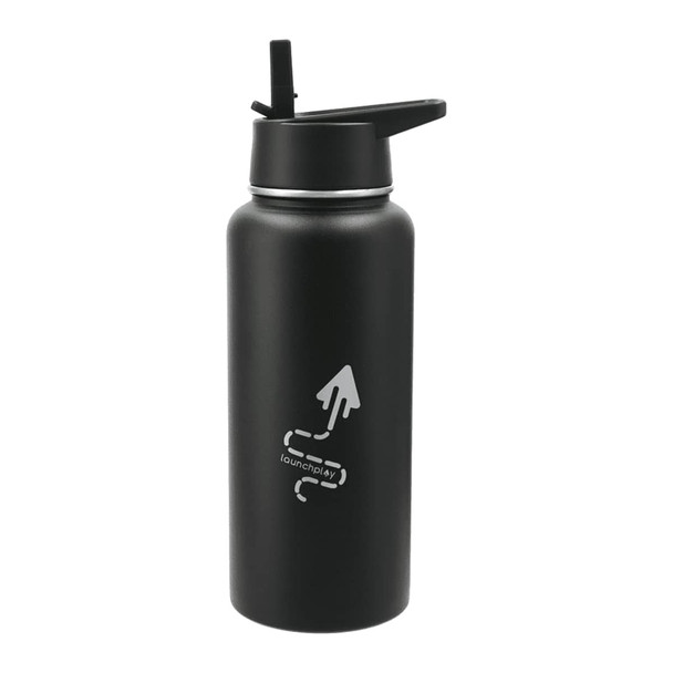 A drink bottle in matte black with a screw-on lid and built-in straw, featuring a logo.