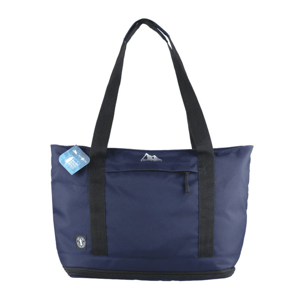 A navy blue expandable cooler bag with black straps and a front pocket, featuring a logo.