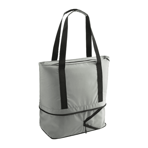 A grey cooler bag with black straps and a zip closure, designed for transporting drinks.