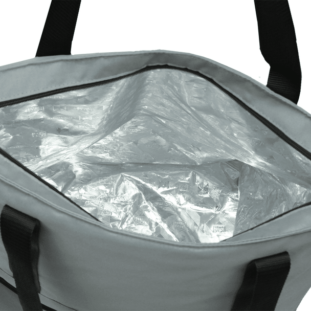 A grey cooler bag with a silver insulated interior and black handles, featuring a zip closure.