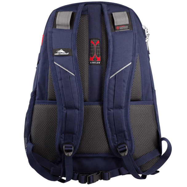 A navy blue backpack with padded mesh straps and a logo, designed for comfort and airflow.
