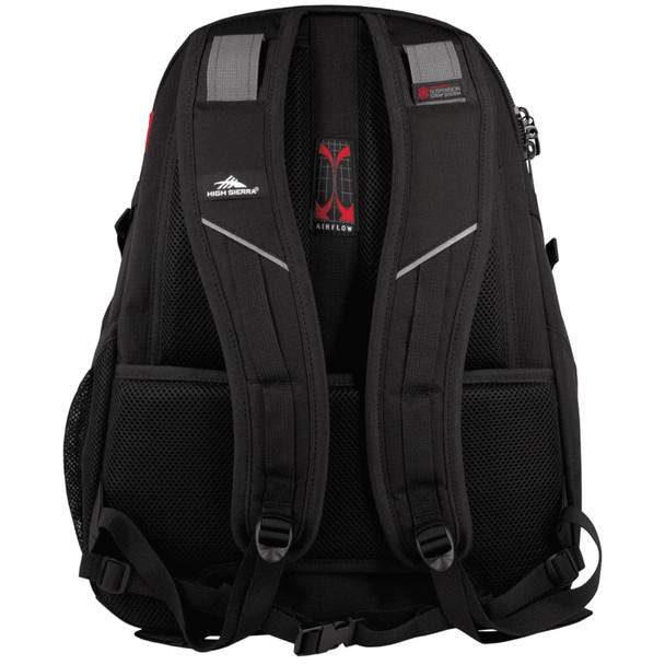 A black backpack with padded straps and mesh panels, featuring a logo and storage pockets on the sides.