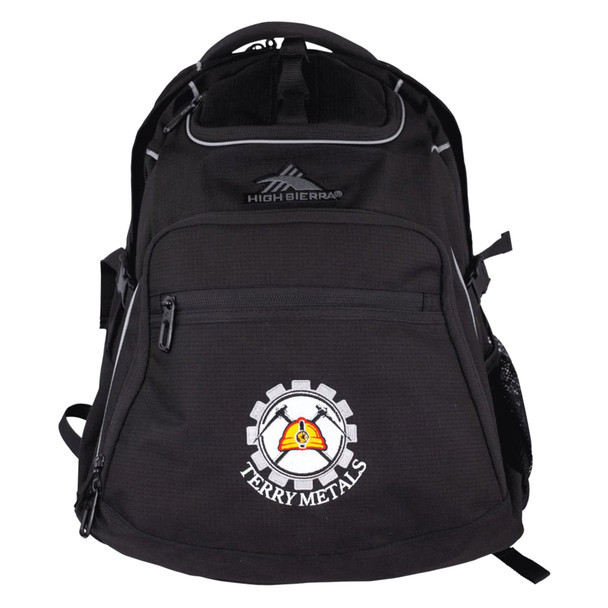 A black backpack featuring multiple compartments, adjustable straps, and a logo on the front.