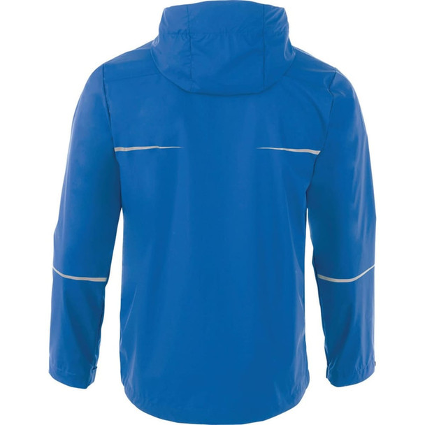 A blue men's rain jacket with a hood, featuring reflective details and a logo on the back.