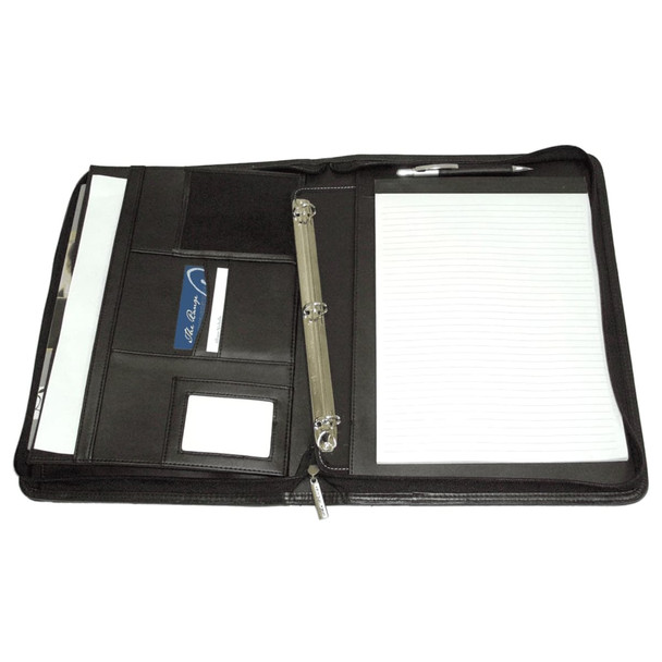 A black imitation leather zip compendium with internal pockets, a pen, and a notepad. It has a branding logo inside.