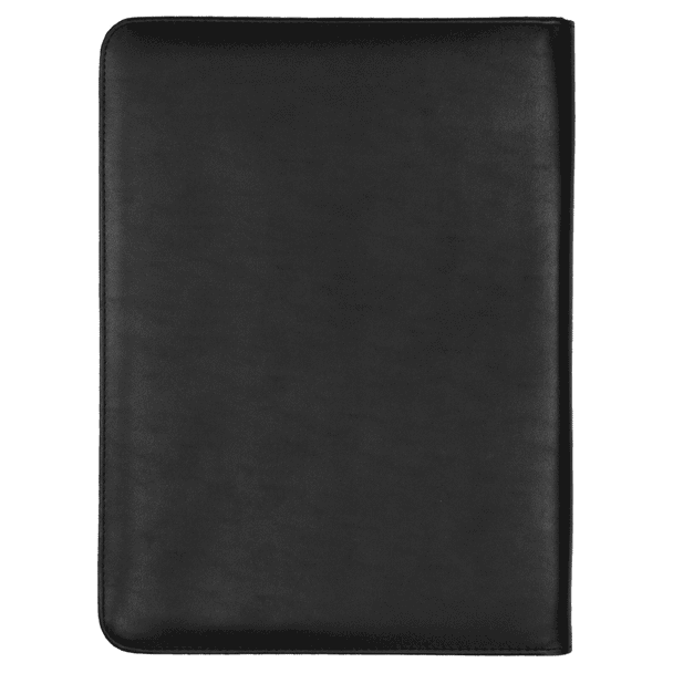 A black zip compendium with a smooth finish, featuring a calculator and an interior pocket.