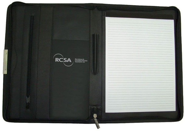 A black A4 zip compendium with an inner notepad, pockets, and a calculator. It features a logo.