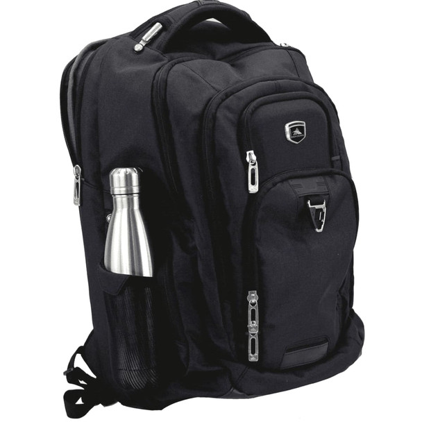 A black laptop backpack with multiple compartments, featuring a side pocket for a drink bottle. It has a logo on the front.