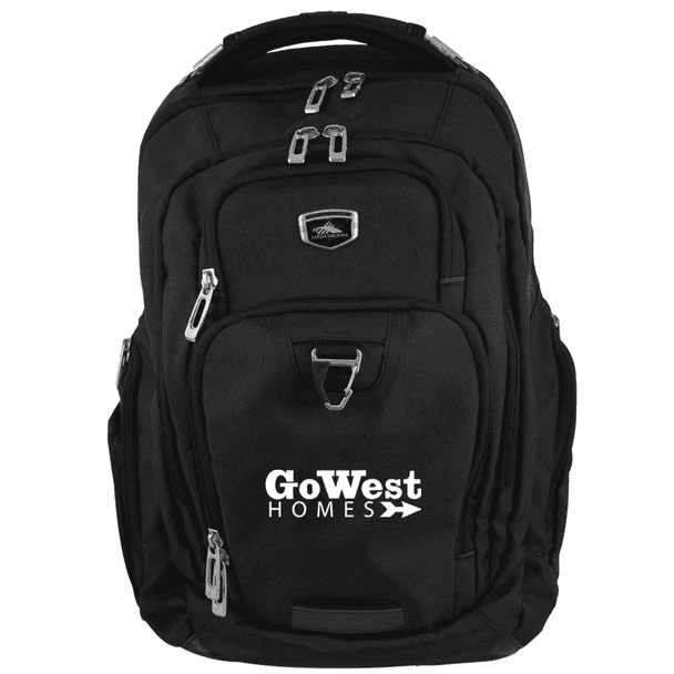 A black High Sierra Business 17" 42L computer backpack featuring multiple compartments and a logo.
