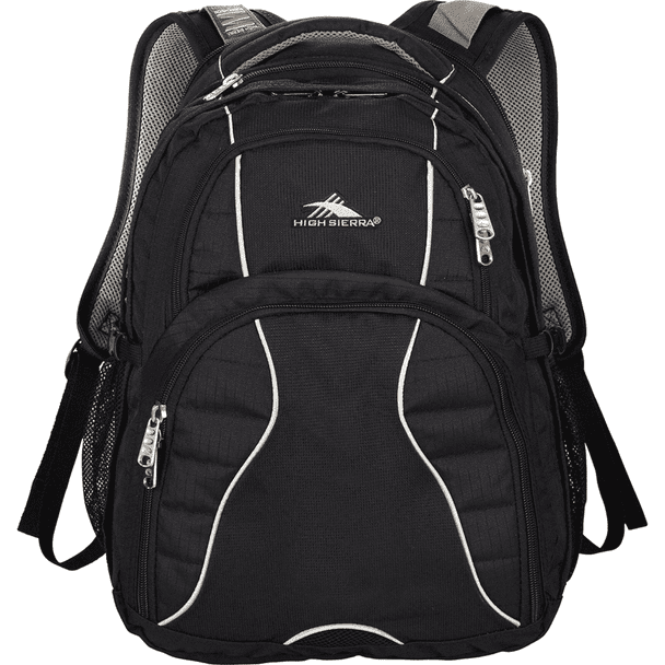 A black High Sierra Swerve 17" backpack featuring multiple compartments and a logo. Mesh details enhance its design.