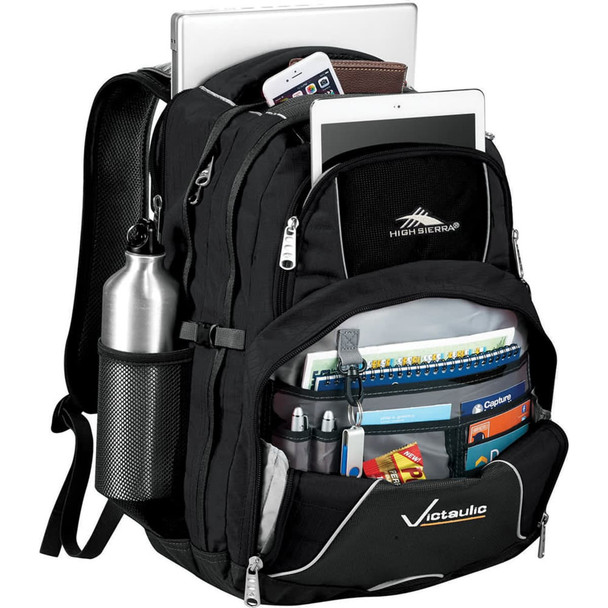 A black backpack with multiple compartments, featuring a drink bottle holder, tablets, notebooks, and a logo.