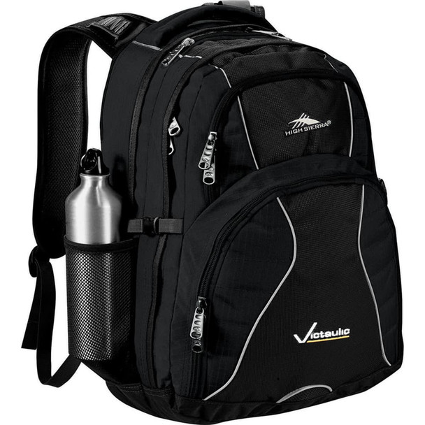 A black 34L backpack with multiple pockets, a drink bottle holder, and a logo.