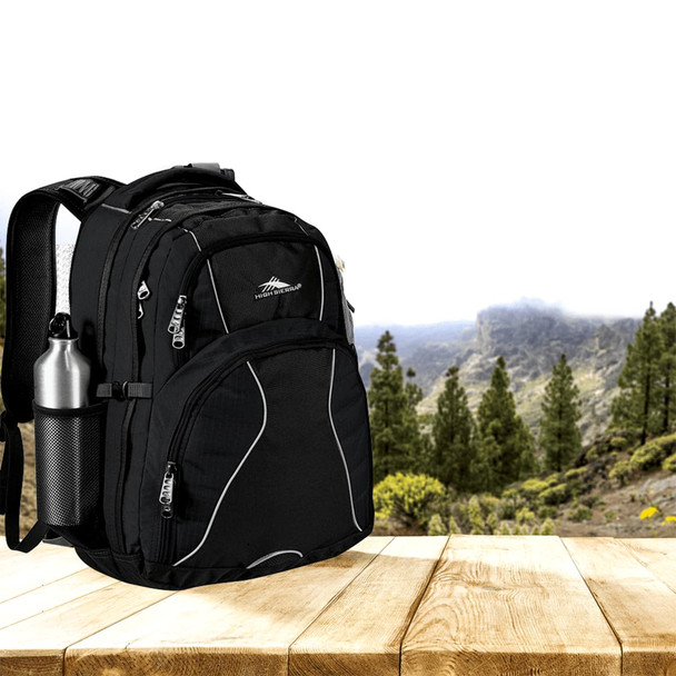 A black High Sierra Swerve 17" 34L backpack with multiple compartments and a drink bottle holder.