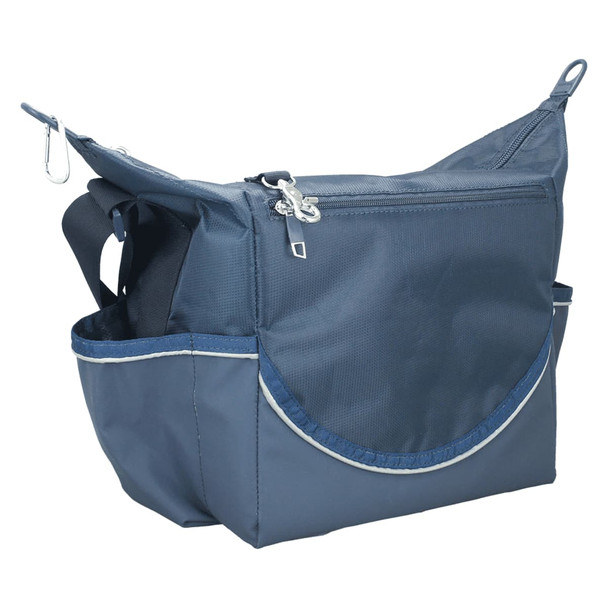 A navy cooler bag with a zippered compartment, adjustable straps, and a logo, designed for outdoor use.