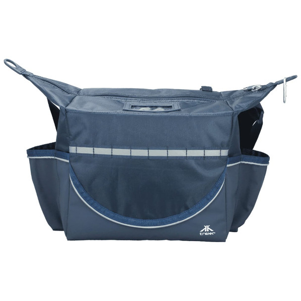 A navy cooler bag with multiple pockets and a central compartment, featuring a logo on the front.
