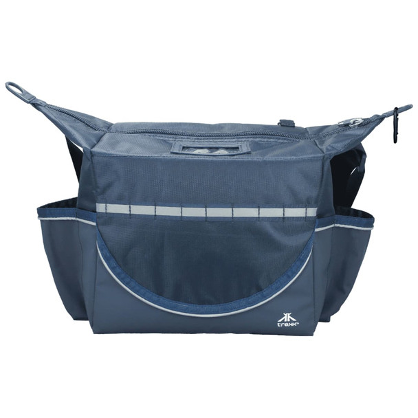 A cooler bag with a navy blue design, featuring multiple pockets and a branded logo.