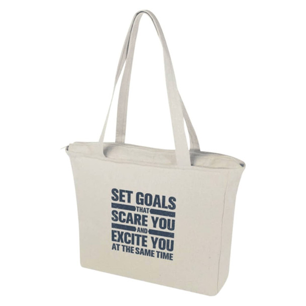 A cream tote bag with a zip closure, featuring a simple logo and motivational text in dark blue.