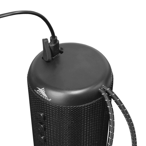 A black outdoor Bluetooth speaker with a textured finish, featuring control buttons and a charging port.