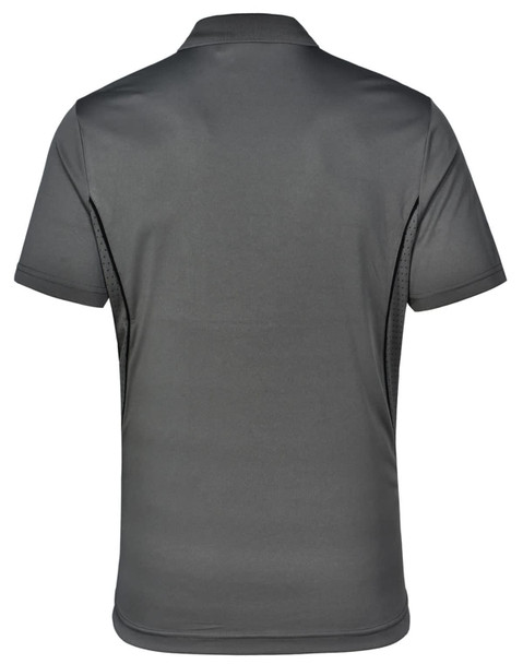 A men's short-sleeve polo shirt in dark grey with a contrasting design, featuring breathable mesh panels and a logo.