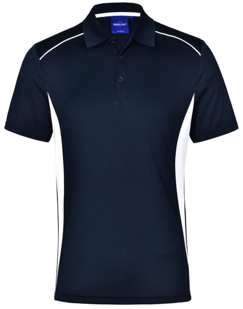 A navy blue polo shirt with white contrast panels and a collar, featuring a logo on the chest.