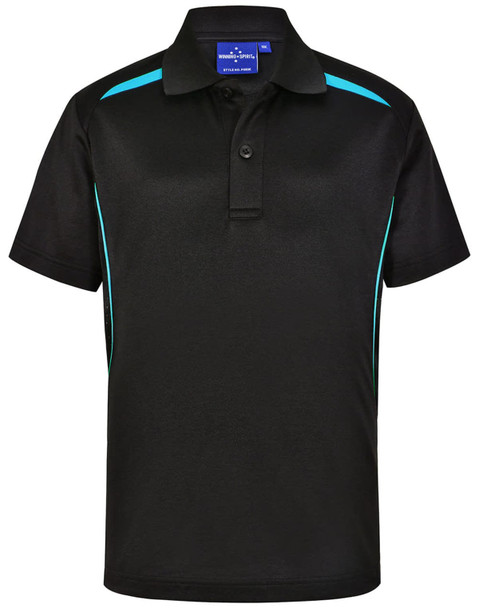 A black polo shirt featuring teal contrast panels and a collar. The shirt has a logo on the chest.