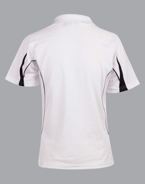 A white polo shirt with black detailing, featuring a collar and short sleeves, and has a logo on it.